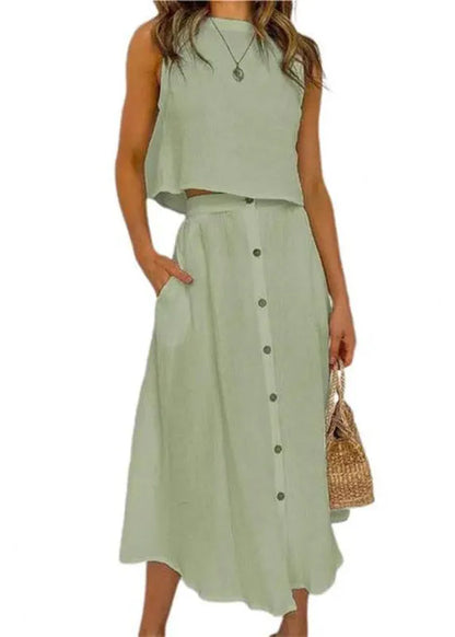 Brief Blue O-Neck Solid Top And Maxi Skirts Two Pieces Set Summer