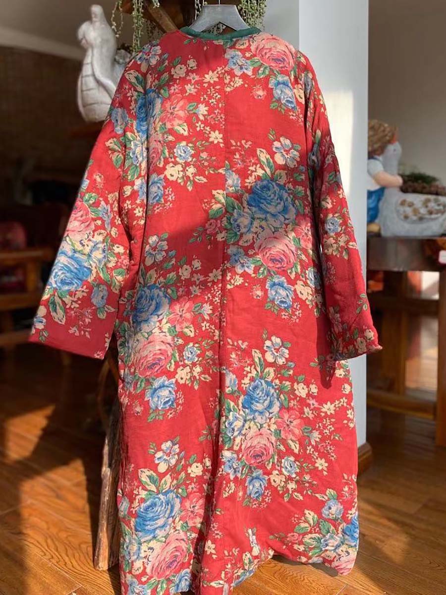 Women Floral Print Ethnic Button Shawl Coat
