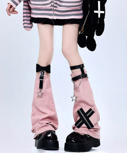 Spicy Girl Stylish Pink Cross Chain Leather Buckle Sock Sleeves