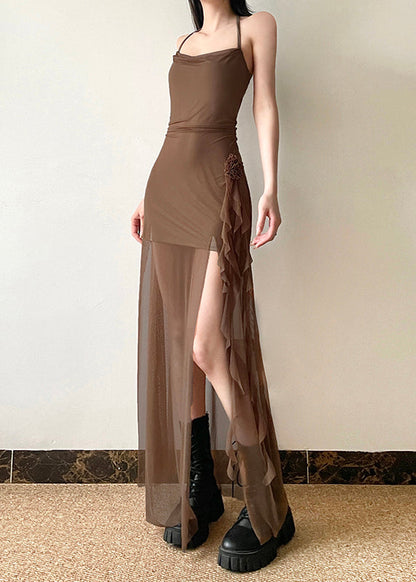 Boho Brown Side Open Silm Fit Tulle Halter Dress Summer