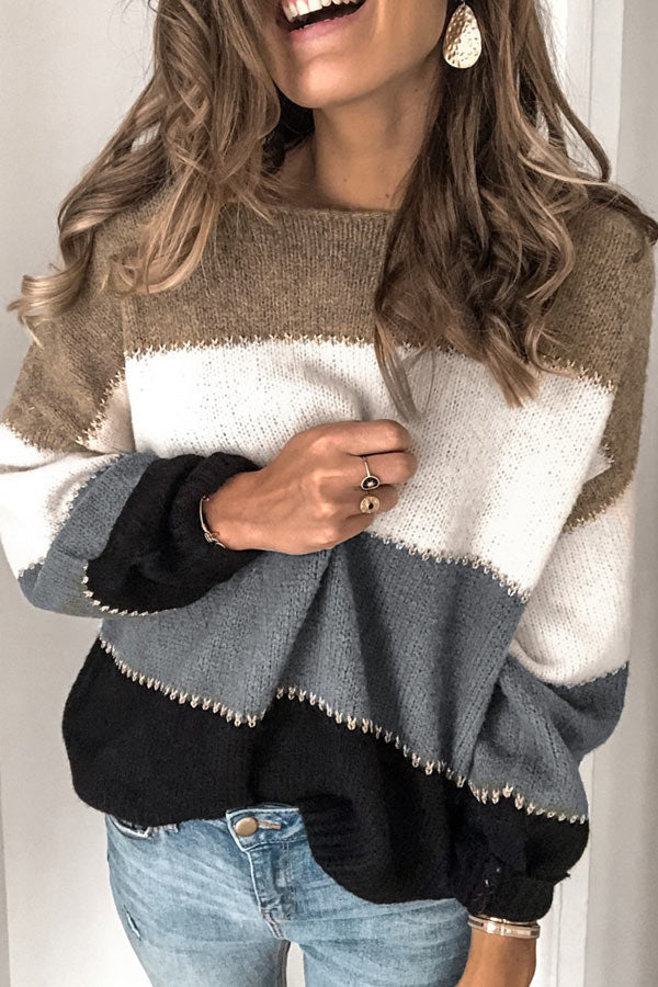 Casual Color Patchwork Round Neck Sweater