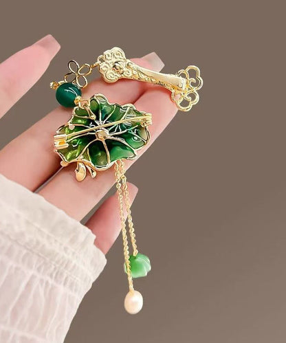 Vintage Green Copper Pearl Orchid Tassel Hairpin