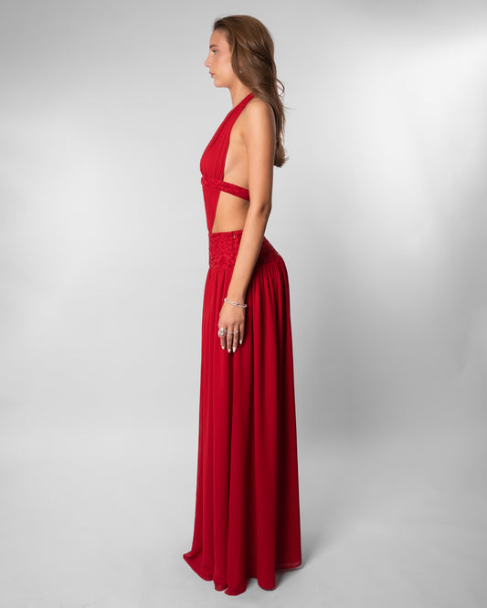Red Halter Cutout Chiffon Maxi Evening Gown