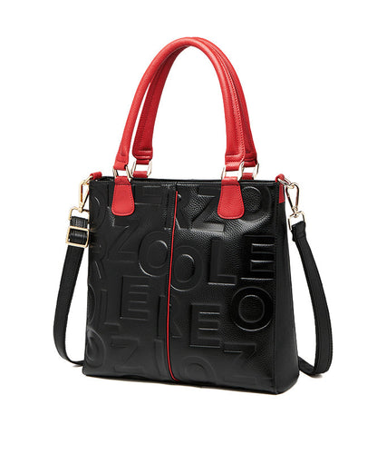 Classy Black Letter Embossed Calf Leather Tote Bag