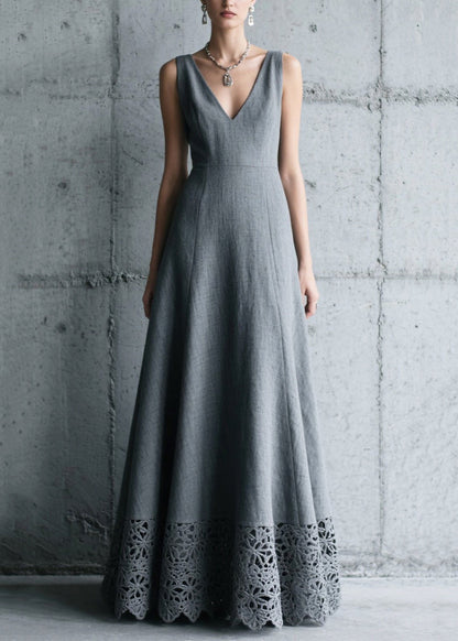 Elegant Charcoal Grey V Neck Patchwork Cotton Long Dress Summer