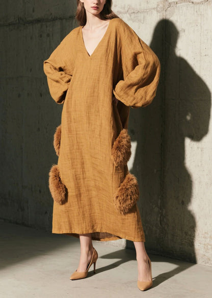Italian Coffee Oversized Patchwork Faux Fur Vacation Dresses Fall