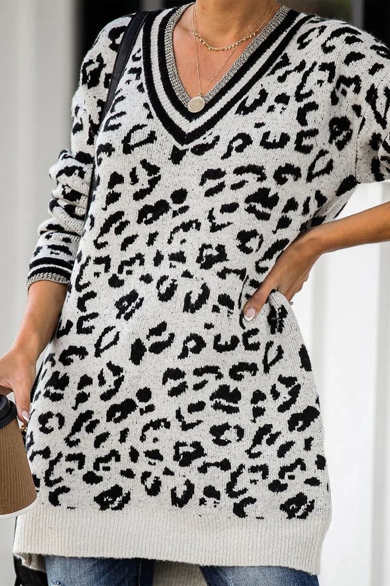 Leopard Print V-Neck Casual Sweater