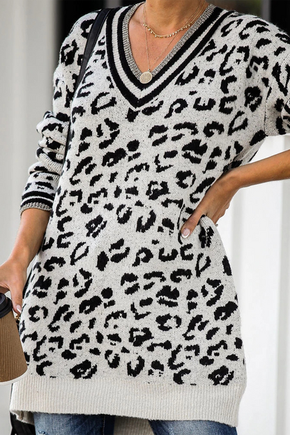 Leopard Print V-Neck Casual Sweater