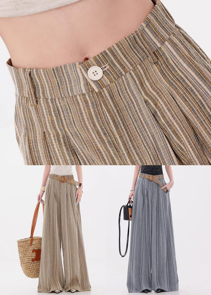 French Yellow Striped Pockets Cotton Wide Leg Pants Fall