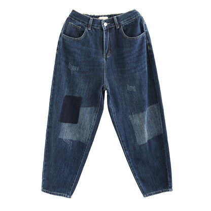 Autumn Women Ripped Patchwork Cotton Jeans