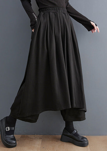 Casual Black Elastic Waist Pockets Solid Wide Leg Pants Skirt Summer