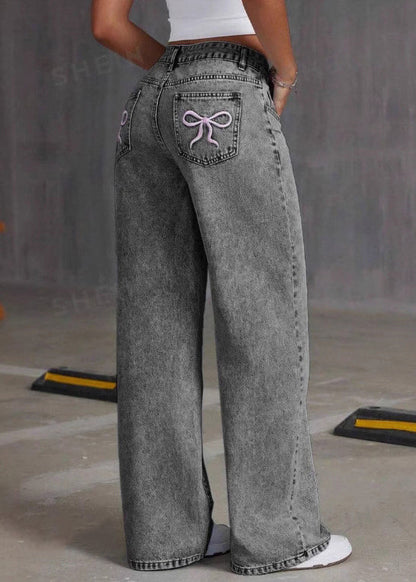 Vintage Grey Embroidered Pockets Denim Pants Summer