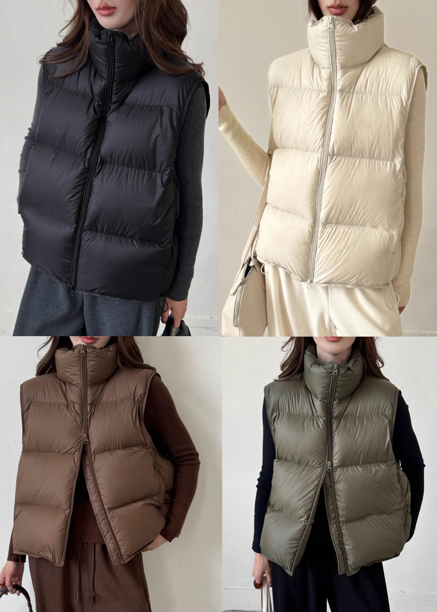 Black Drawstring Solid Duck Down Winter Waistcoat Zip Up