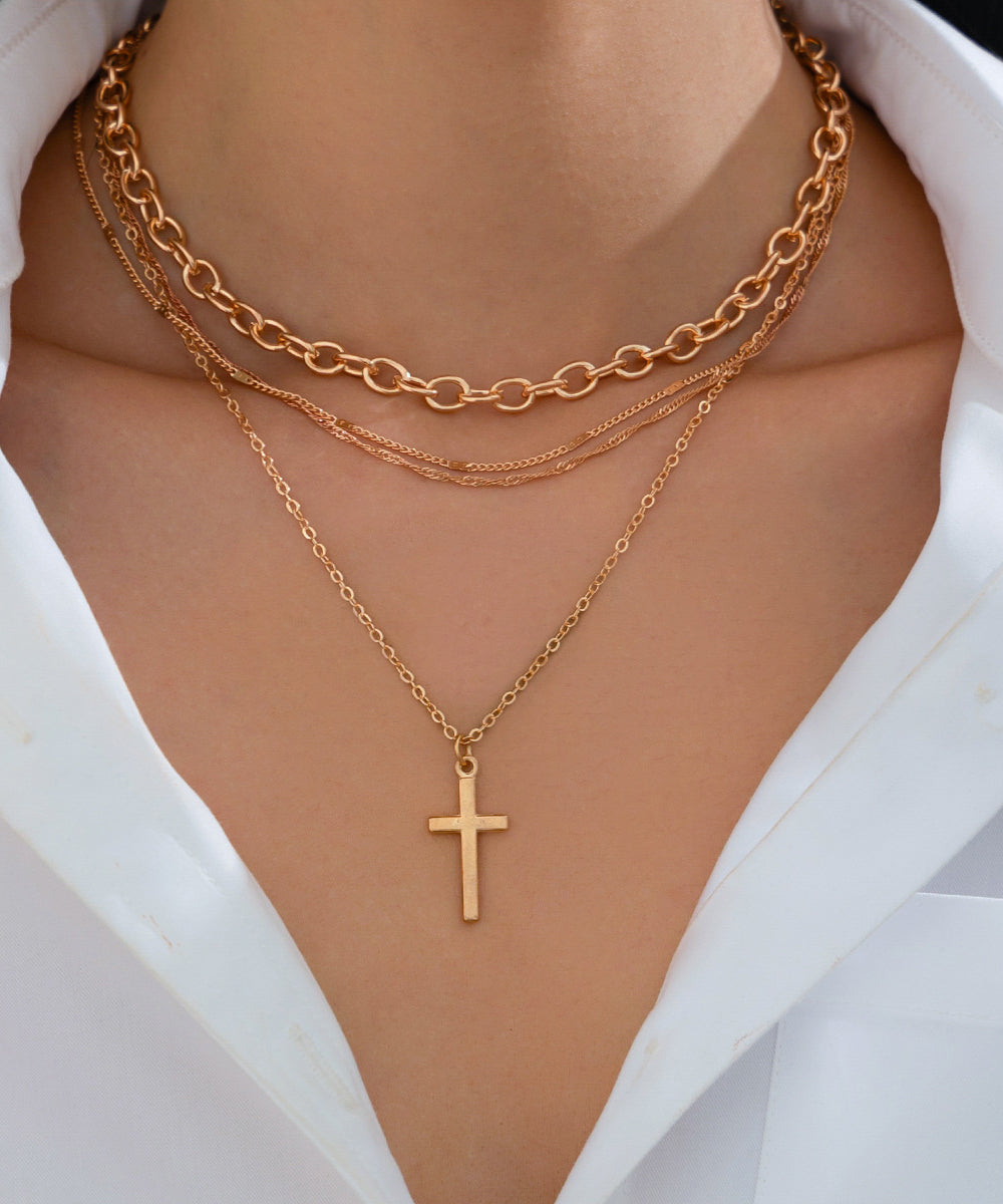 Boutique Gold Metal Alloy Multilayer Cross Pendant Necklace