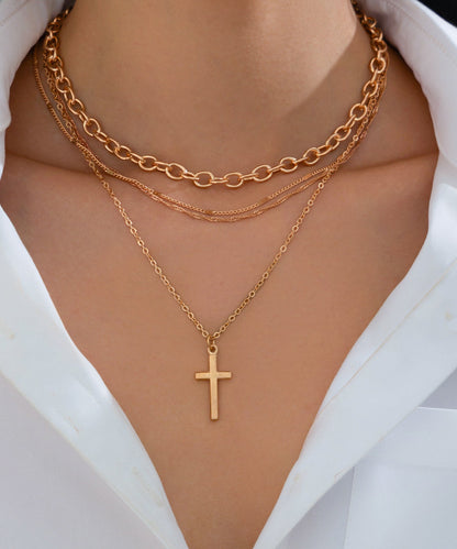 Boutique Gold Metal Alloy Multilayer Cross Pendant Necklace