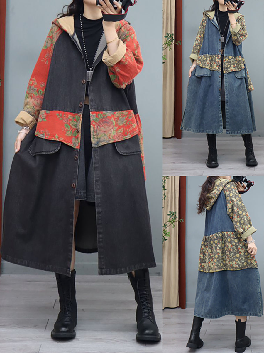 Women Denim Patchwork Print  Hooded Long Coat
