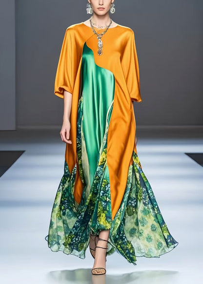 Unique Orange Asymmetrical Patchwork Silk Robe Dresses Half Sleeve