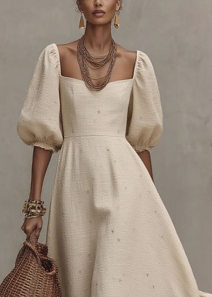 Loose Beige Square Collar Print Solid Long Dress Short Sleeve
