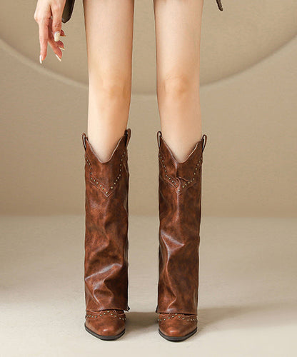Fashion Brown Faux Leather Rivet Splicing Chunky Boots