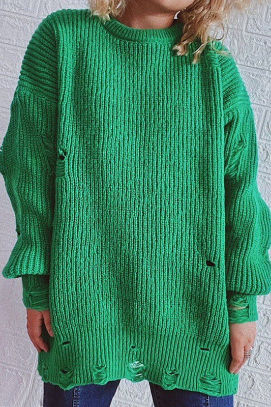 Street Solid Ripped O Neck Tops