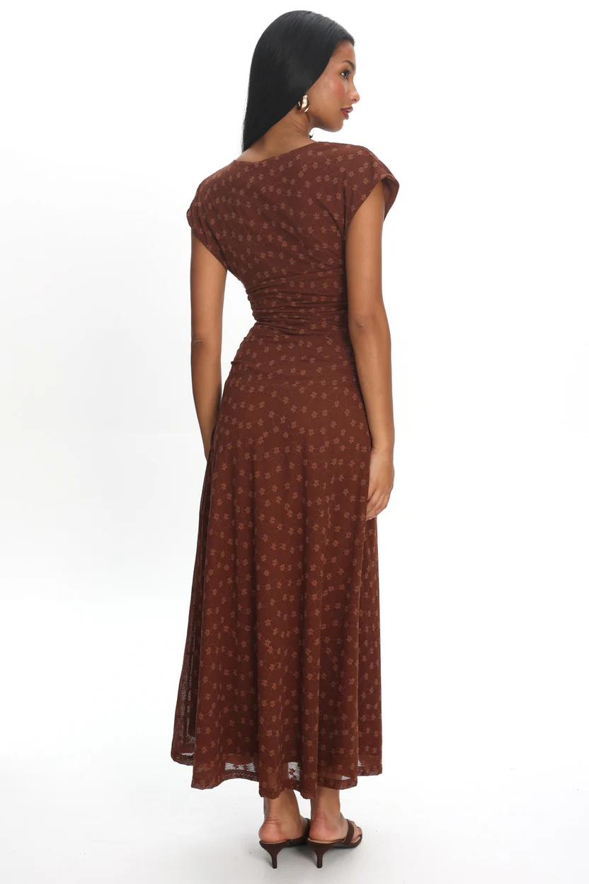 Caramel Floral Print V-Neck Cap Sleeve Ruched Waist Fitted Midi Dress