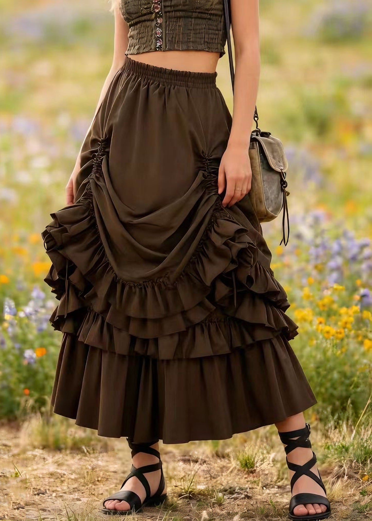 Plus Size Brown Drawstring Ruffled Patchwork Cotton Skirt Spring