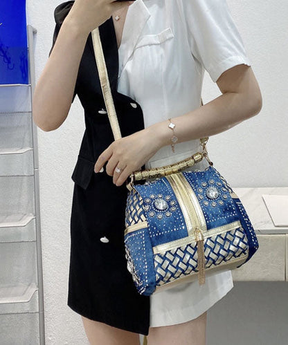 Stylish Navy Rhinestone Large Capacity Denim Tote Handbag