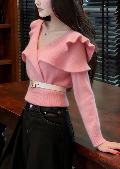 Art Pink V Neck Ruffled Solid Knit Sweater Fall