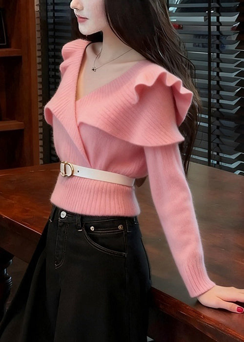 Art Pink V Neck Ruffled Solid Knit Sweater Fall