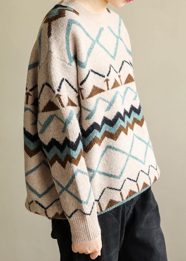 Pullover o neck khaki Geometry knitwear casual wild knit top silhouette