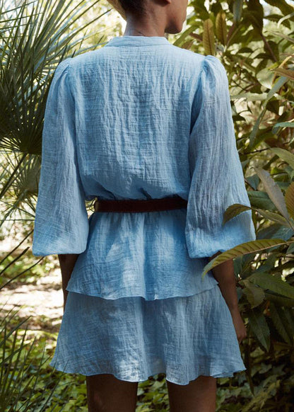 Women Blue V Neck Button Patchwork Cotton Short Dress Fall