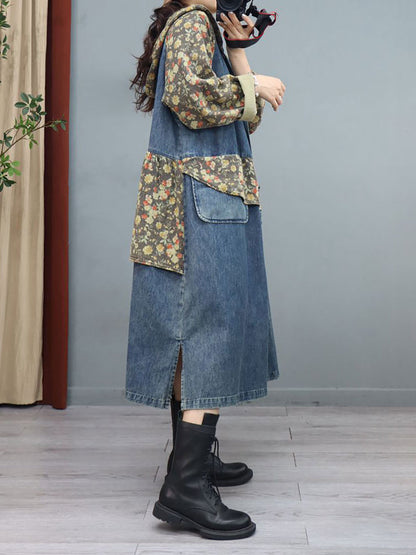 Women Denim Patchwork Print  Hooded Long Coat