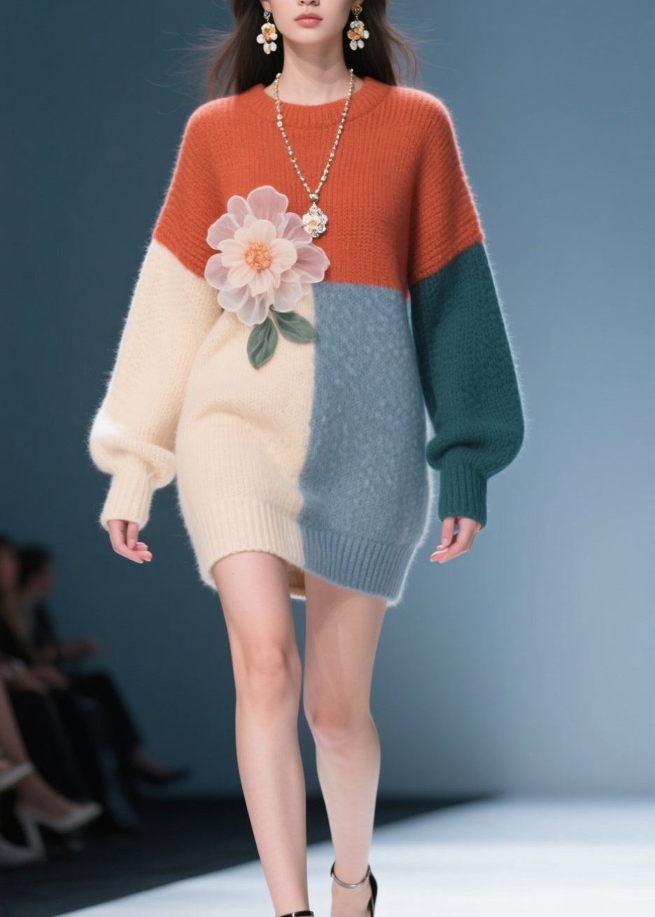 Classy Colorblock O Neck Floral Plus Size Knit Dress Fall