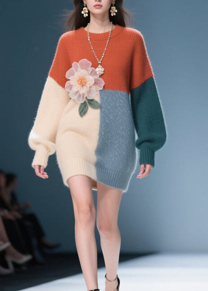 Classy Colorblock O Neck Floral Plus Size Knit Dress Fall