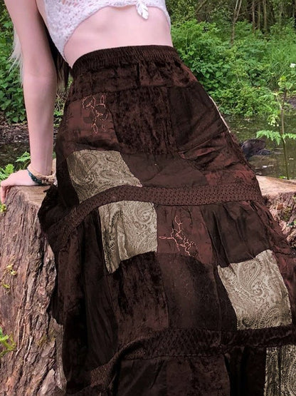 Women's Skirts Retro Contrast Stitching Velvet Long Skirt