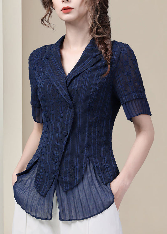 Slim Fit Blue Peter Pan Collar Button Chiffon Shirt Summer