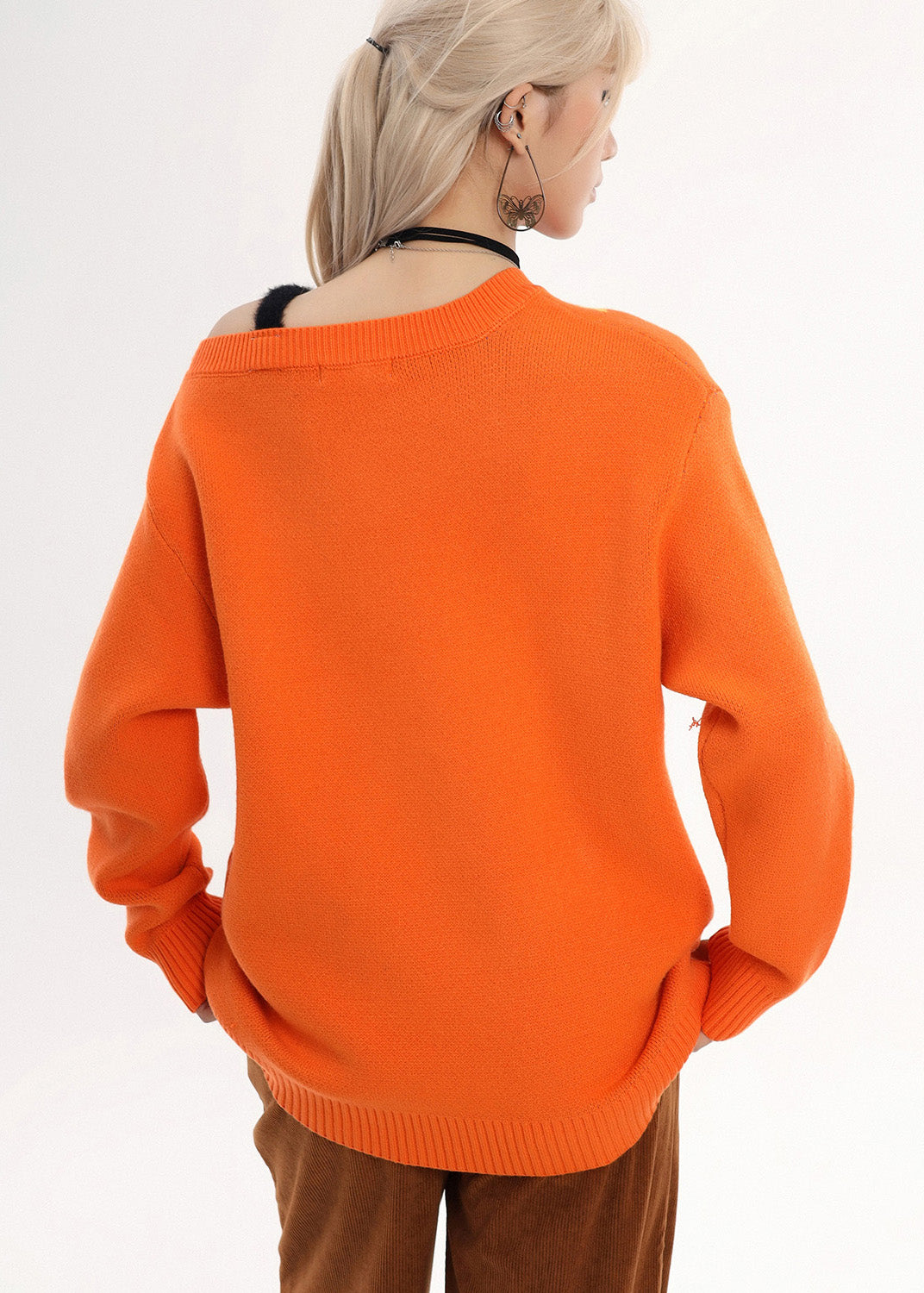 Bohemian Orange Embroidered Cold Shoulder Knit Sweater Winter