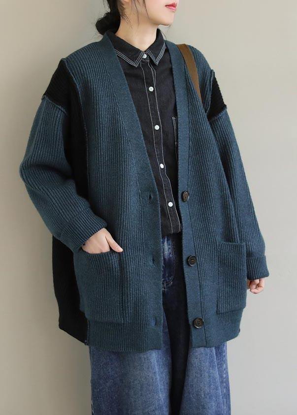 Oversized  Green Knit Sweat Tops Oversize V Neck Button Down Sweater Tops