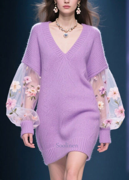 Chic Purple V Neck Patchwork Tulle Knit Sweater Dress Winter