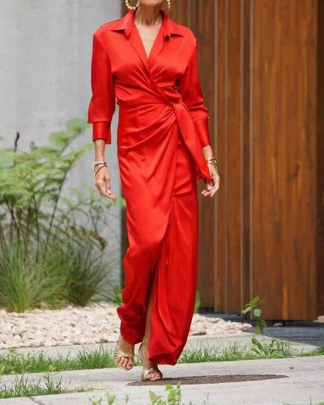 Chic Red Peter Pan Collar Tie Waist Silk Long Dress Spring