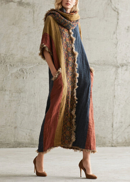Women Colorblock Oversized Patchwork Faux Fur Maxi Dresses Half Sleeve