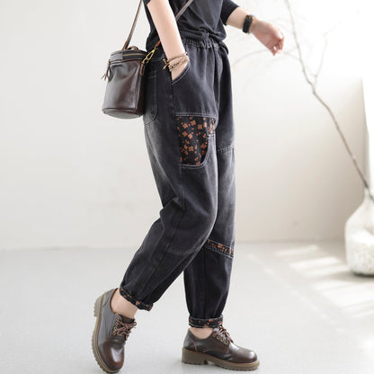 Women Autumn Loose Retro Patchwork Cotton Jeans