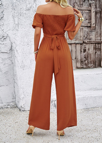 Fashion Brown Slash Neck Hollow Out Cotton Jumpsuit Summer