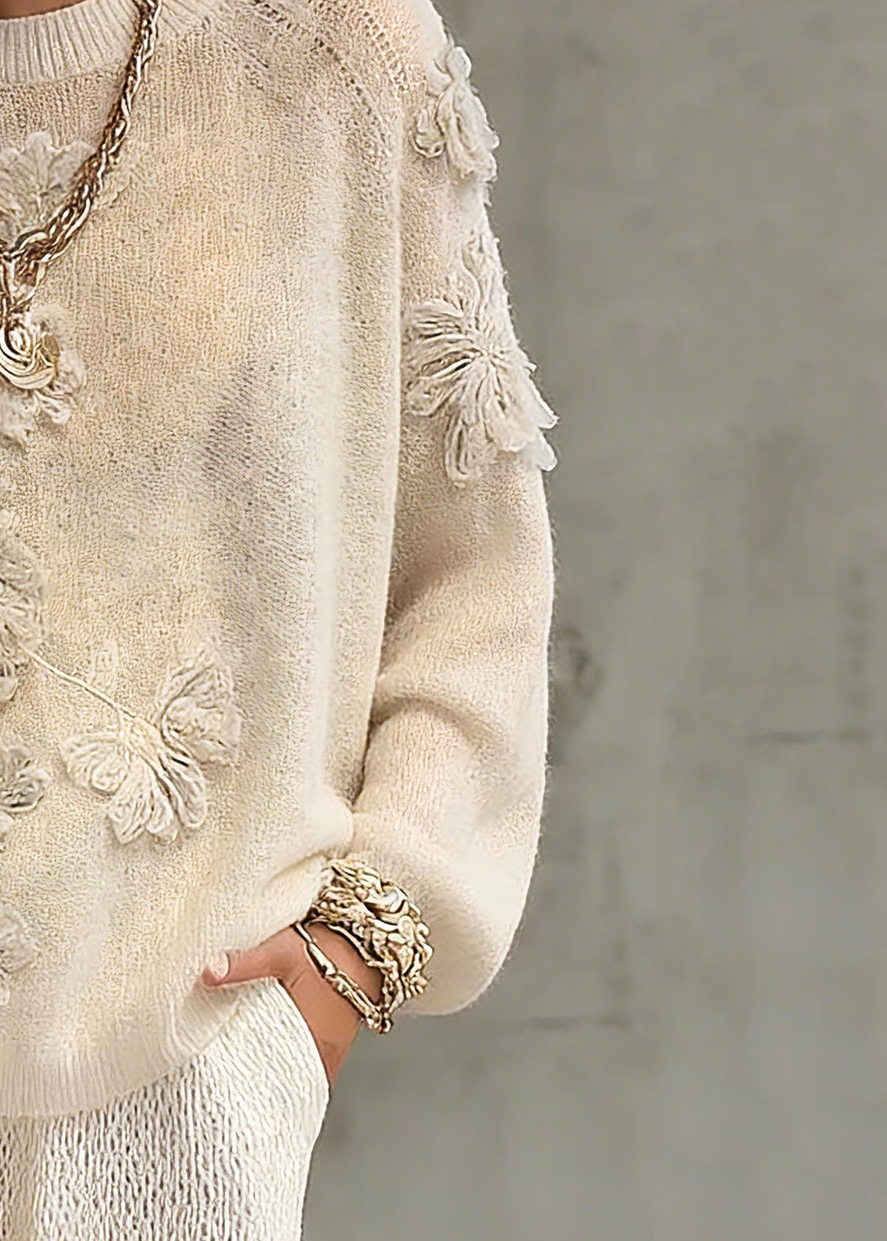 Casual Beige O-Neck Embroidered Cotton Knit Sweaters Spring