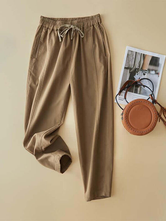 Retro Simple Elastic Band Waist Casual Straight Leg Ninth Pants
