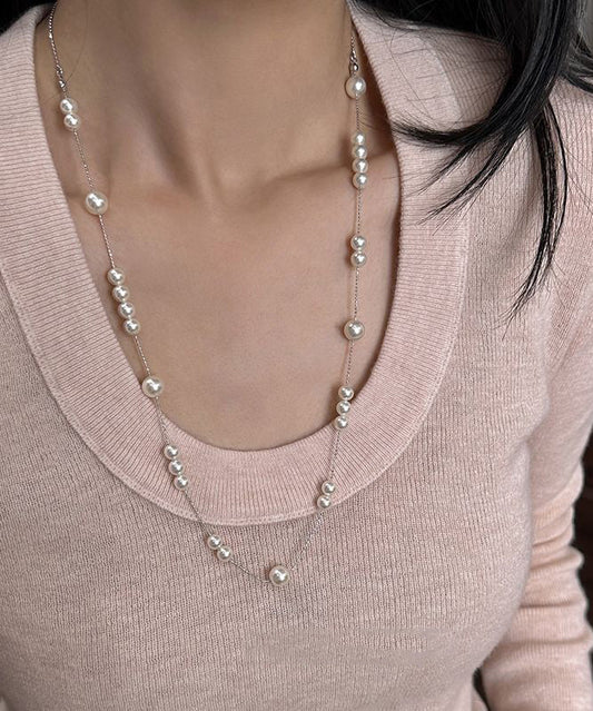 Casual White Sterling Silver Pearl Starry Sky Gratuated Bead Necklace