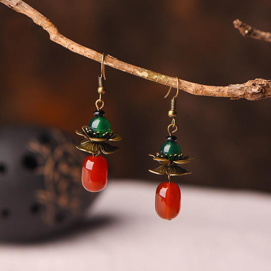 Retro Alloy Flower Red Agate Earrings