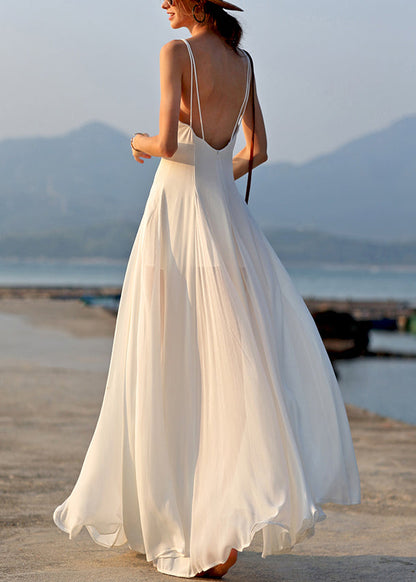 New White V Neck Solid Chiffon Spaghetti Strap Dress Sleeveless