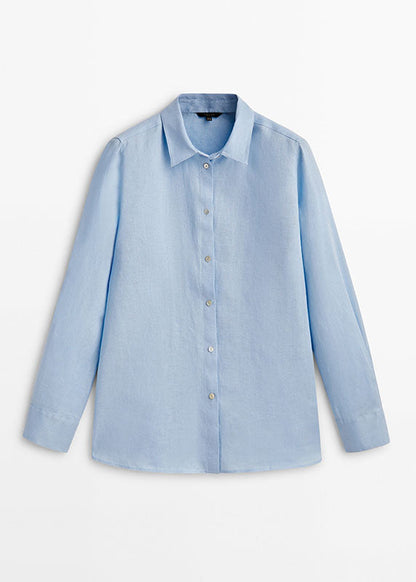 Brief Baby Blue Peter Pan Collar Button Solid Shirt Fall