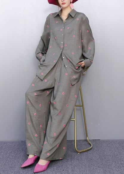 Coordinated Style Grey Two-Piece Outfit Vibrant Pink Embroidered Details
